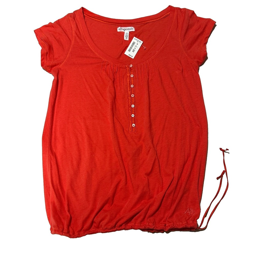 Aeropostale Womens Orange Henley Bubble Hem Short Sleeve Top NWT Size M Y2K